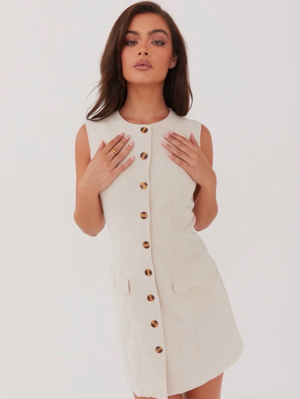 Peppermayo Cream Linen Button-Front Mini Dress